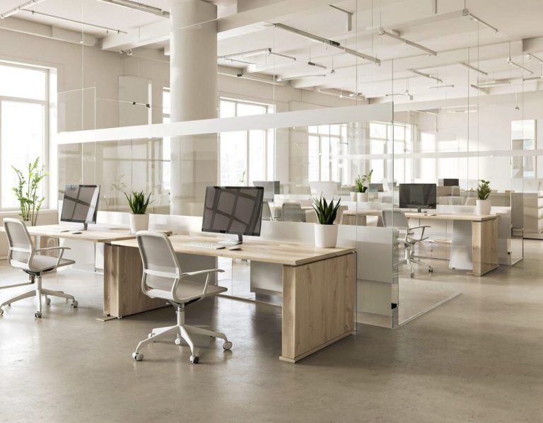 Helle Büros mit Schreibtischen, Monitoren und Pflanzen in modernem Design.