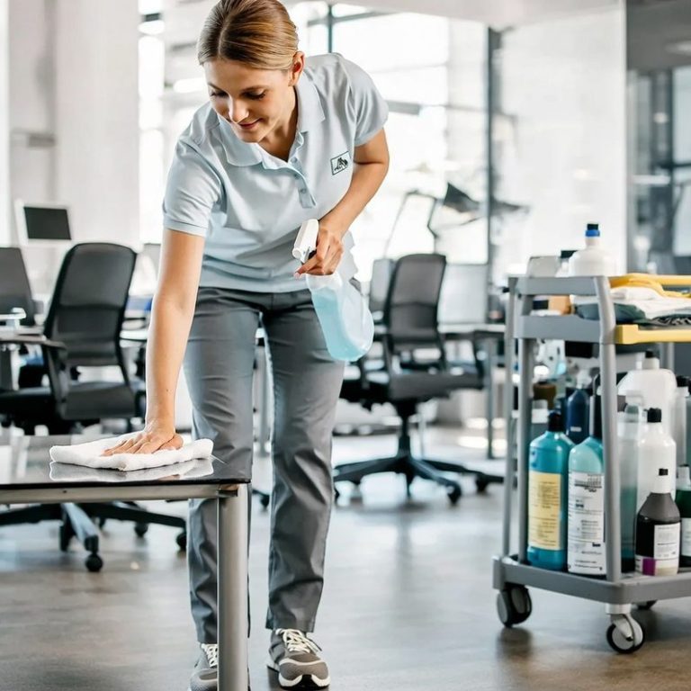 Urlaubsvertretung und Krankheitsvertretung Eine Reinigungskraft wischt einen Tisch in einem modernen Büro.