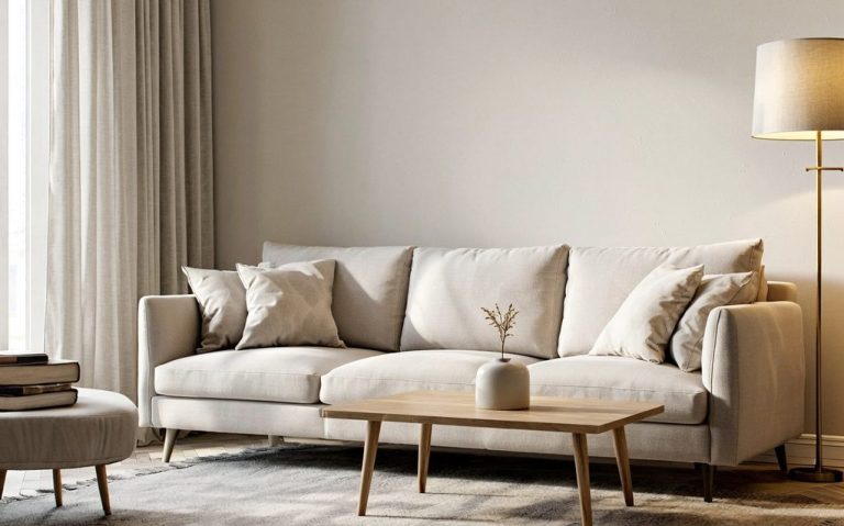 Helle, moderne Wohnzimmer mit beigem Sofa, Tisch und Stehlampe. Neutraler Farbton.