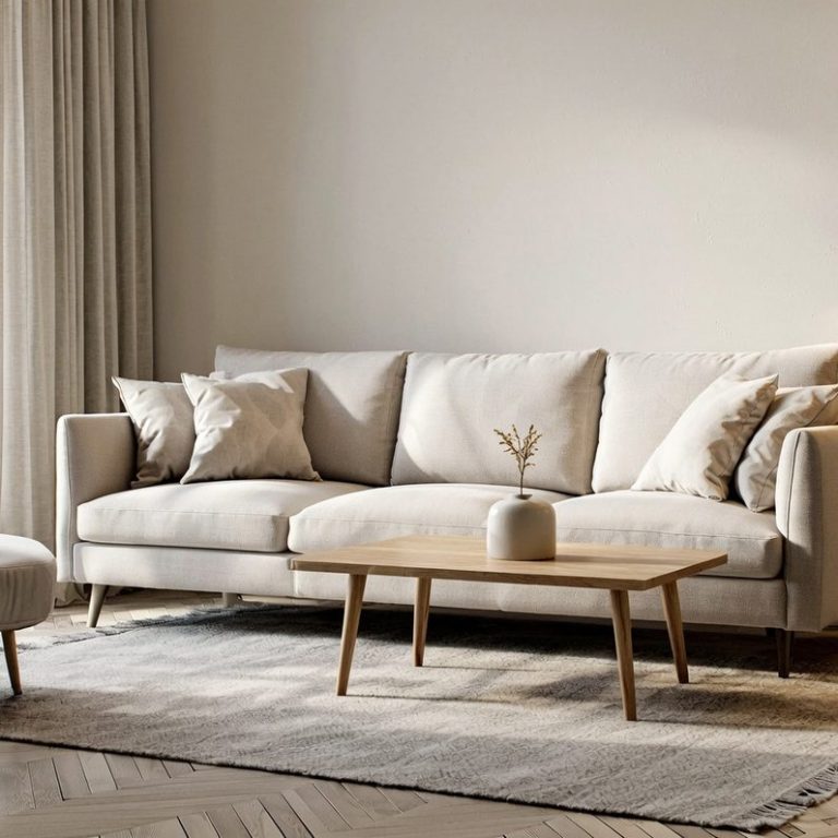 Helles Wohnzimmer mit beigem Sofa, Kissen und einem Holztisch auf einem Teppich.