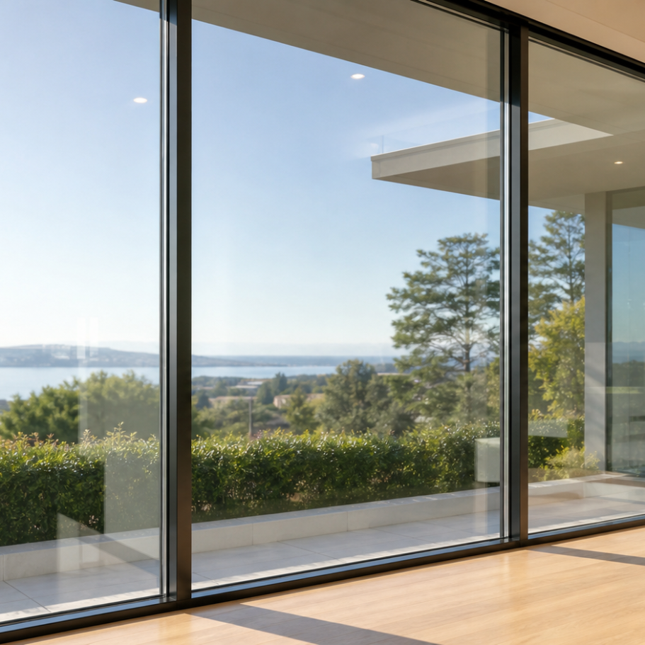 Große Fenster bieten Blick auf die Landschaft und den See. Heller, moderner Raum.