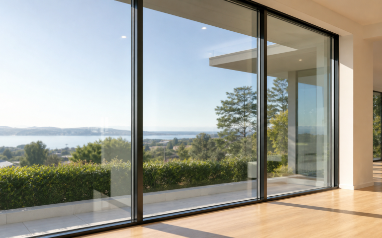 Moderne Fensterfront mit Blick auf eine grüne Landschaft und einen See.