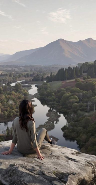 Frau sitzt auf einem Felsen mit Blick auf einen Fluss und die umliegenden Berge.