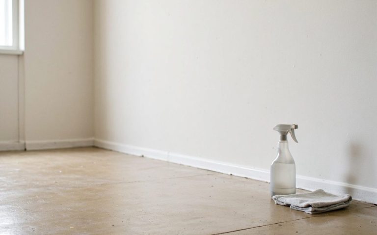 Sprühflasche und Putzlappen auf einem nackten Boden in einem leeren Raum.