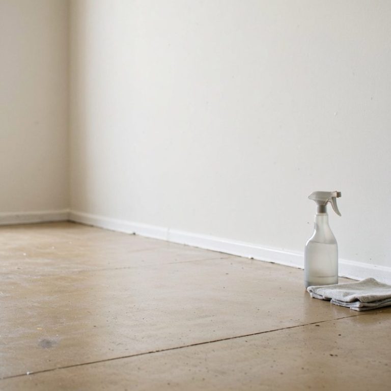 Reinigungsflasche auf einem Holzfußboden in einem leeren Raum mit weißen Wänden.